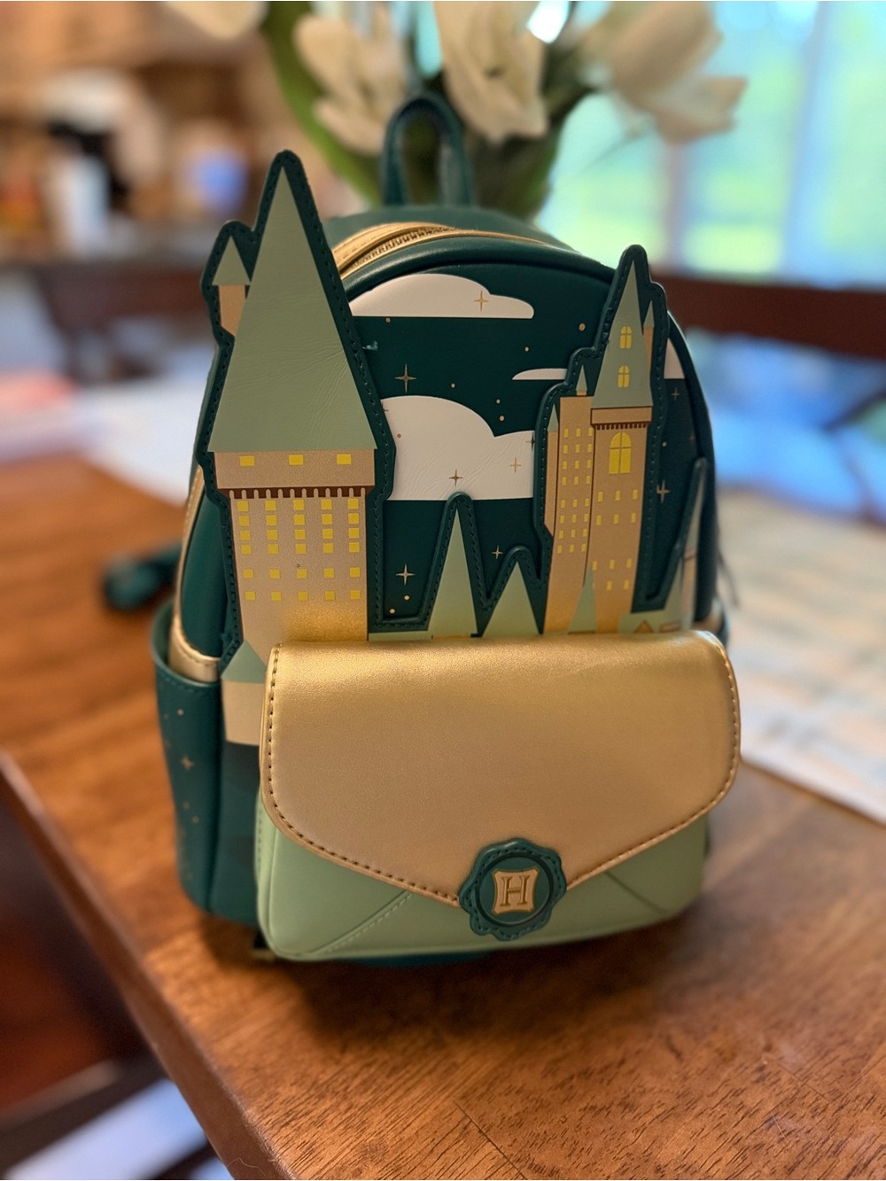 Loungefly Teal Green Gold Hogwarts Castle Mini Backpack- RARE FIND!